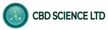 Dark green and sky blue button logo with molecule and test of CBD Science LTD