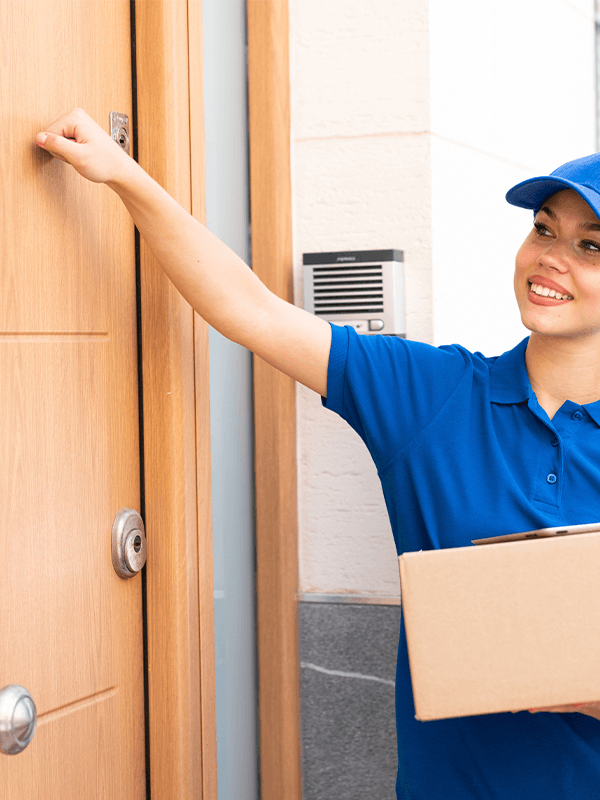Female delivery driver in blue shirt knocking on door with a package.